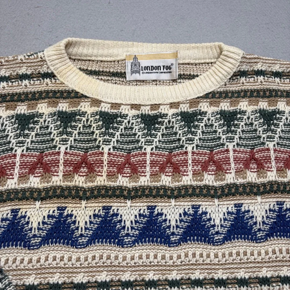 London Fog Sweater Mens XL Multi Fair Isle Geometric Knit Crewneck Vintage